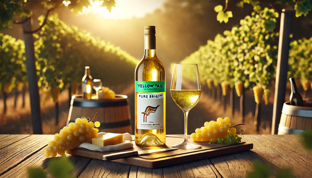 Бутилка Yellow Tail Pure Bright Sauvignon Blanc на столі у винограднику, поруч келих вина, виноград і сирна тарілка