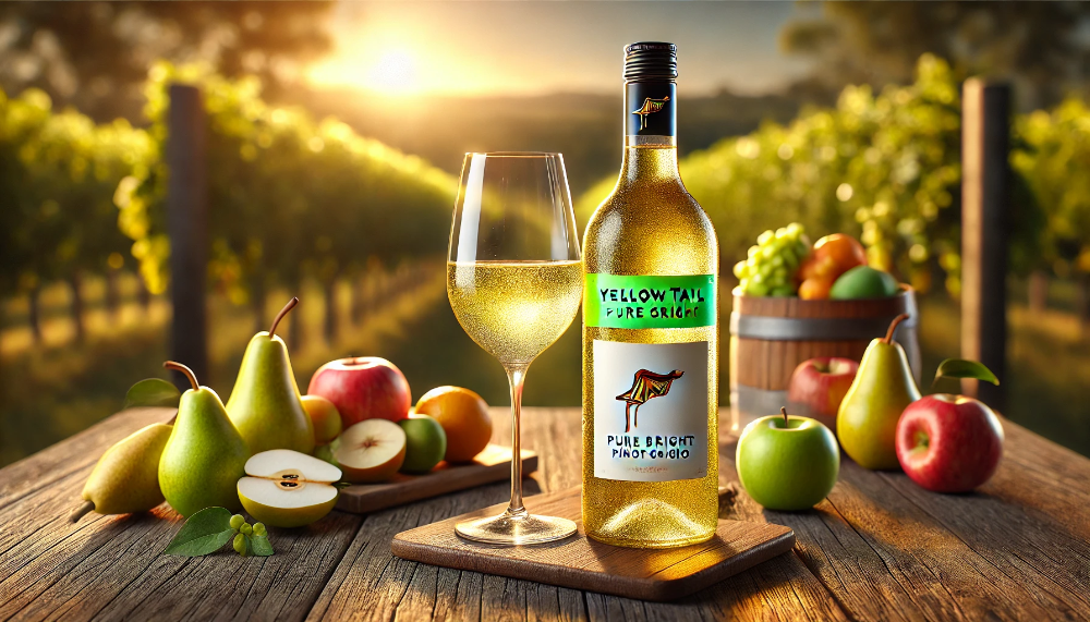 Охолоджена пляшка Yellow Tail Pure Bright Pinot Grigio на дерев'яному столі з келихами та фруктами, на тлі виноградника під заходом сонця