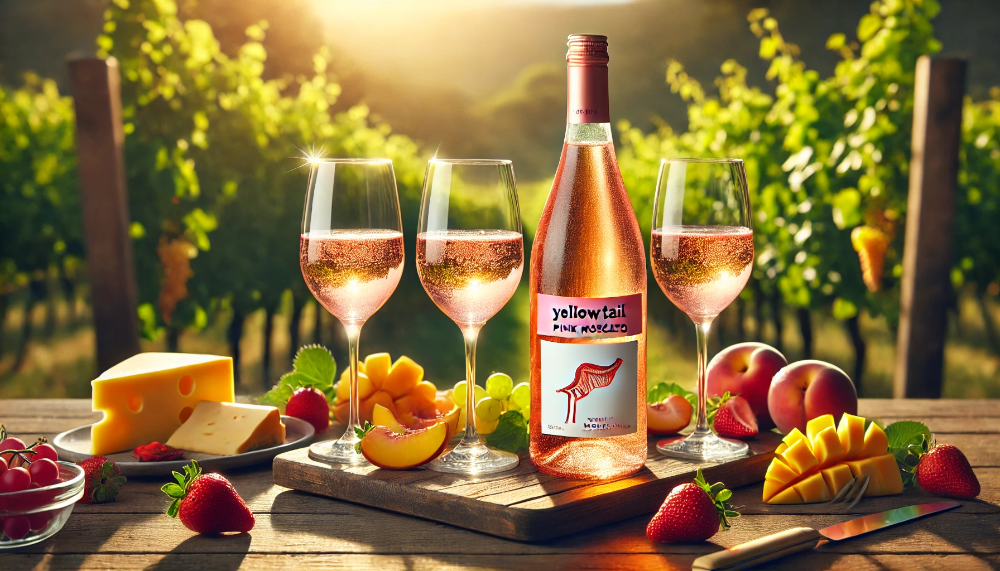 Рожеве вино Yellow Tail Pink Moscato на столі серед фруктів і сиру, на фоні виноградників