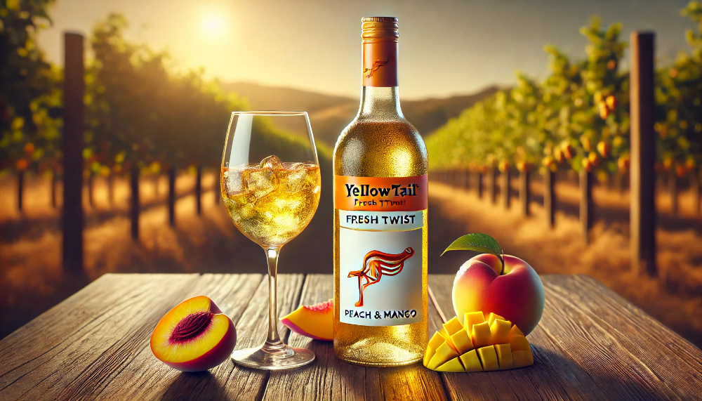 Бутилка Yellow Tail Fresh Twist Peach & Mango на столі, оточена персиками та манго, з виноградником на тлі при заході сонця