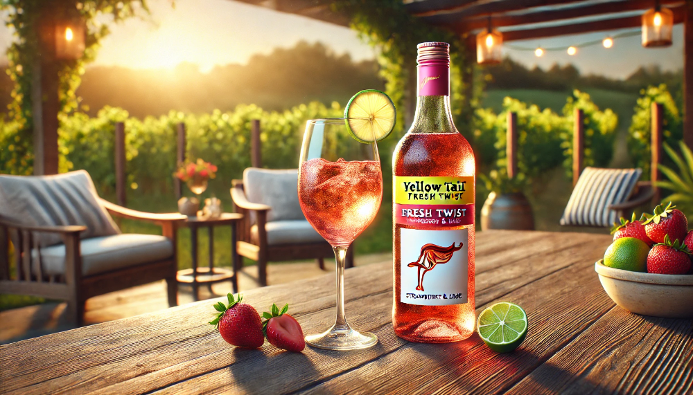 Фруктове вино Yellow Tail Fresh Twist Strawberry & Lime на столі з келихом, полуницею та лаймом, на фоні виноградників під теплим сонцем