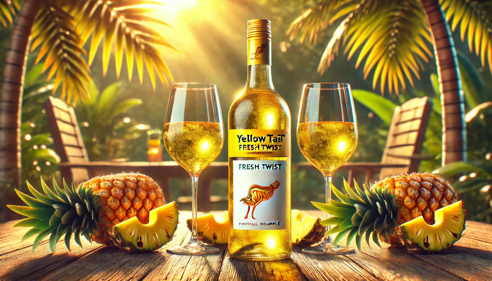 Бутилка вина Yellow Tail Fresh Twist Tropical Pineapple із келихами на дерев’яному столі серед ананасів та тропічних фруктів