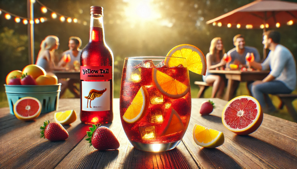 Келих охолодженої Yellow Tail Sangria з фруктами на столі в сонячній атмосфері