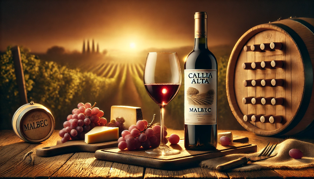 Пляшка вина Callia Alta Malbec на дерев’яному столі з келихом, виноградом і сирною тарілкою на фоні виноградника при заході сонця