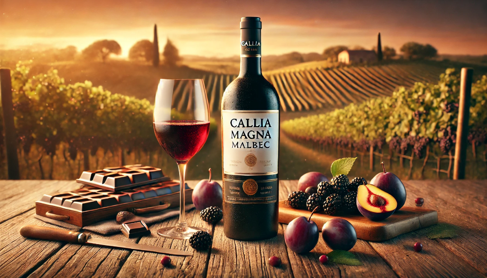 Пляшка Callia Magna Malbec на дерев’яному столі з келихом вина, ягодами та шоколадом на фоні аргентинського виноградника на заході сонця