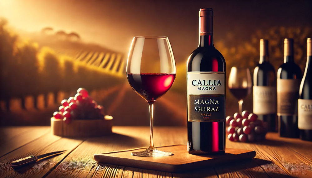 Пляшка Callia Magna Shiraz з келихом червоного вина на дерев'яному столі, на фоні виноградника, у теплій атмосфері