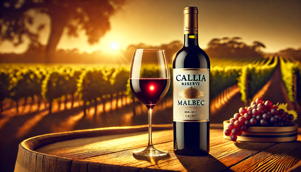 Пляшка Callia Reserve Malbec з келихом вина на дерев'яному столі, на тлі виноградників у променях заходу сонця