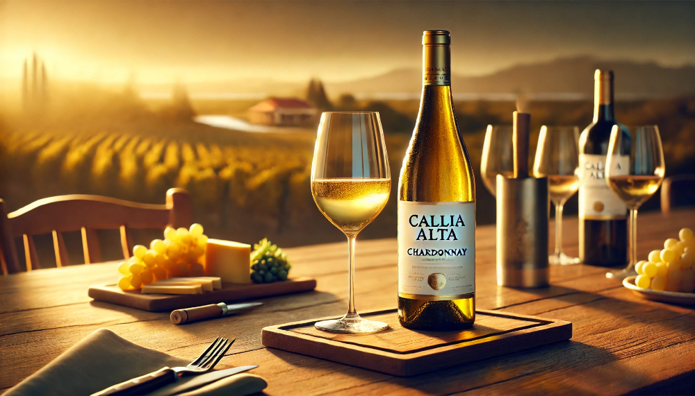 Пляшка Callia Alta Chardonnay на дерев’яному столі з келихом вина, сиром і виноградом, на фоні аргентинського виноградника при заході сонця