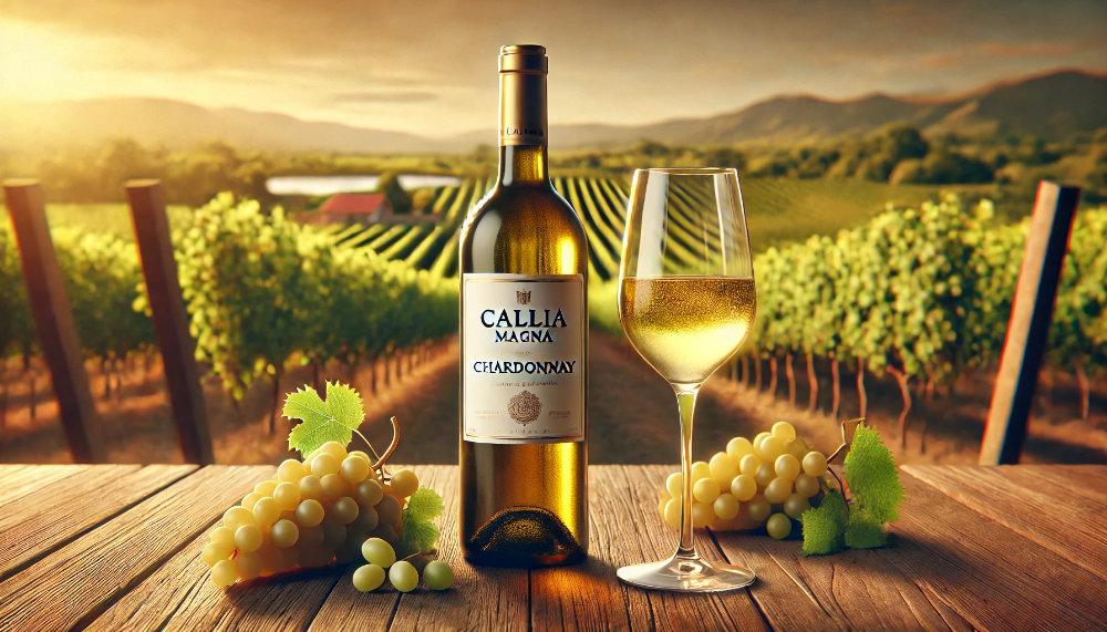 Пляшка Callia Magna Chardonnay на дерев’яному столі з келихом білого вина, гронами винограду та виноградником на фоні