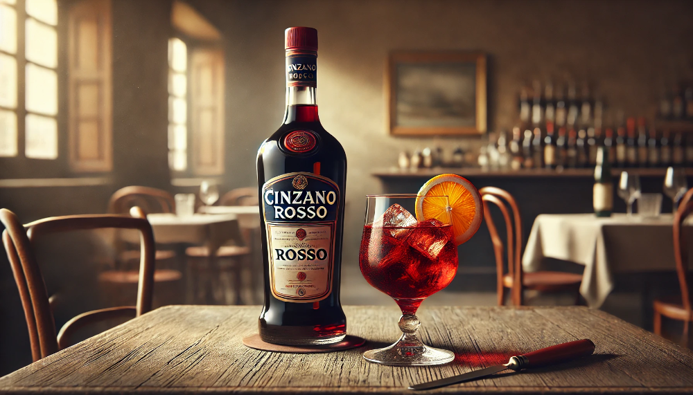 Пляшка Cinzano Rosso та келих вермуту з льодом на дерев'яному столі в італійському ресторані