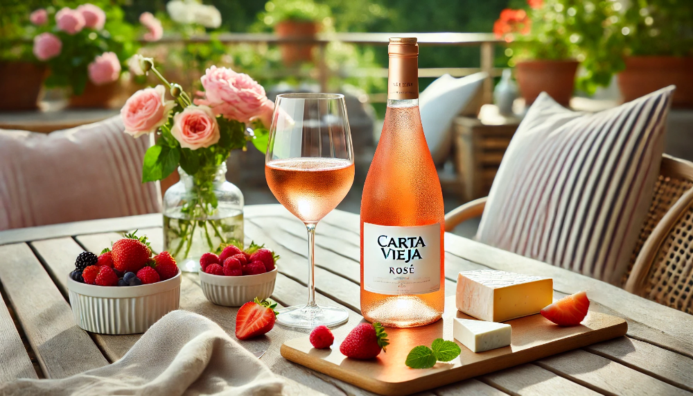 Охолоджена пляшка рожевого вина Carta Vieja Rosé з келихом та легкими закусками на літній терасі