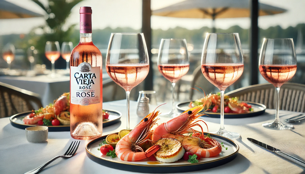 Пляшка Carta Vieja Rosé з келихами та стравами з морепродуктів у ресторанній подачі