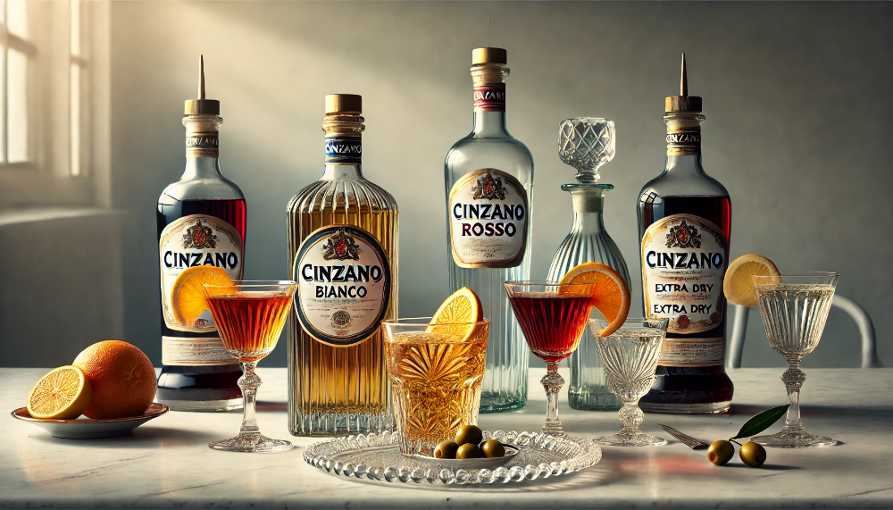 Три класичні види вермуту Cinzano (Bianco, Rosso, Extra Dry) з келихами та гарнірами на мармуровому столі